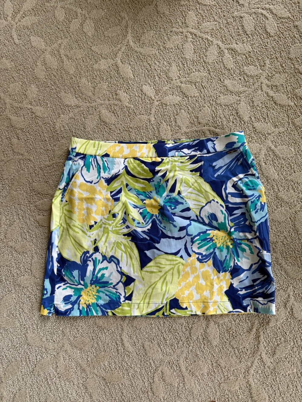 Rafaella Blue Floral-Accent Skirt with Yellow & Green Print